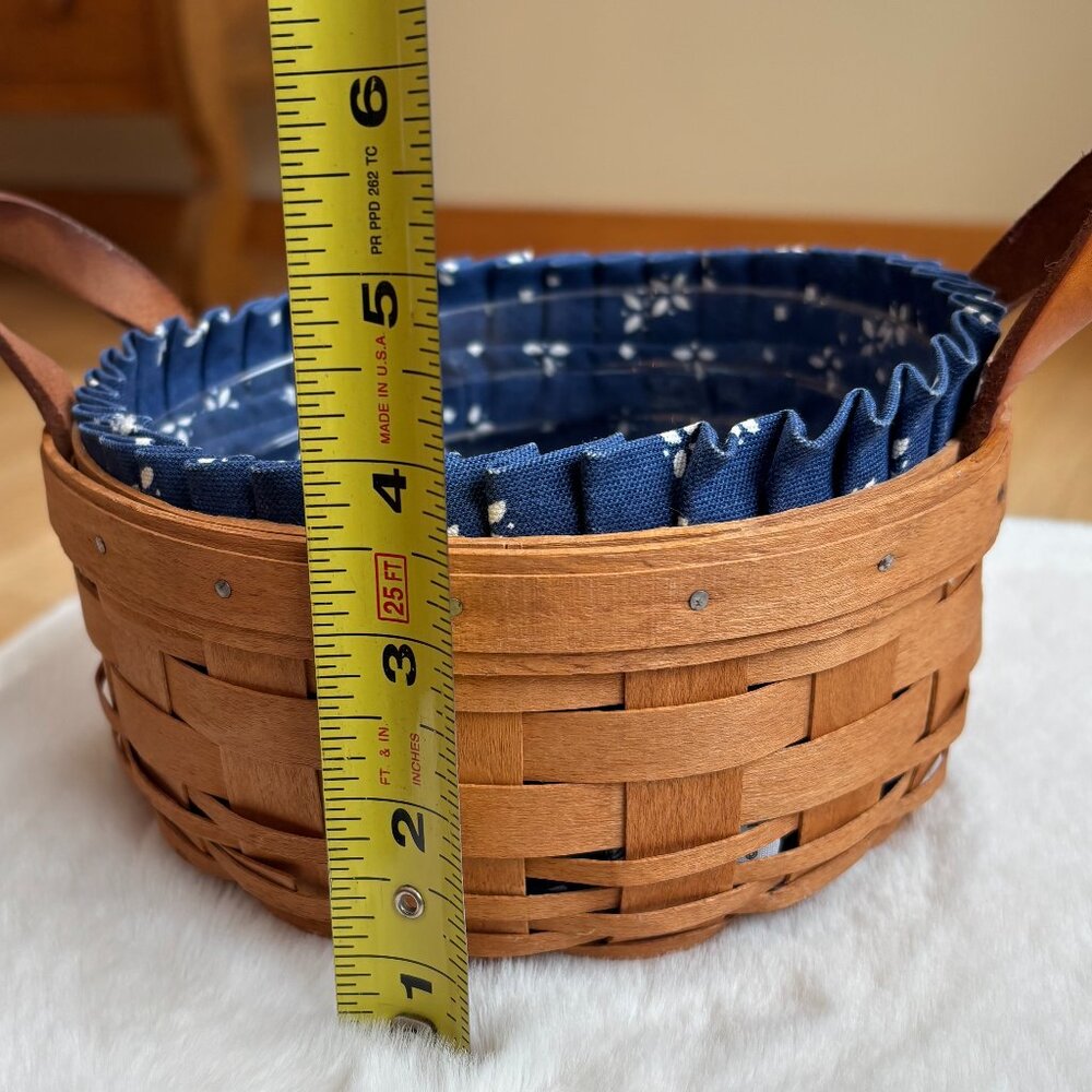 Longaberger Vintage Classic Brown Button Basket W/Plastic Protector & Blue Liner - Picture 15 of 16